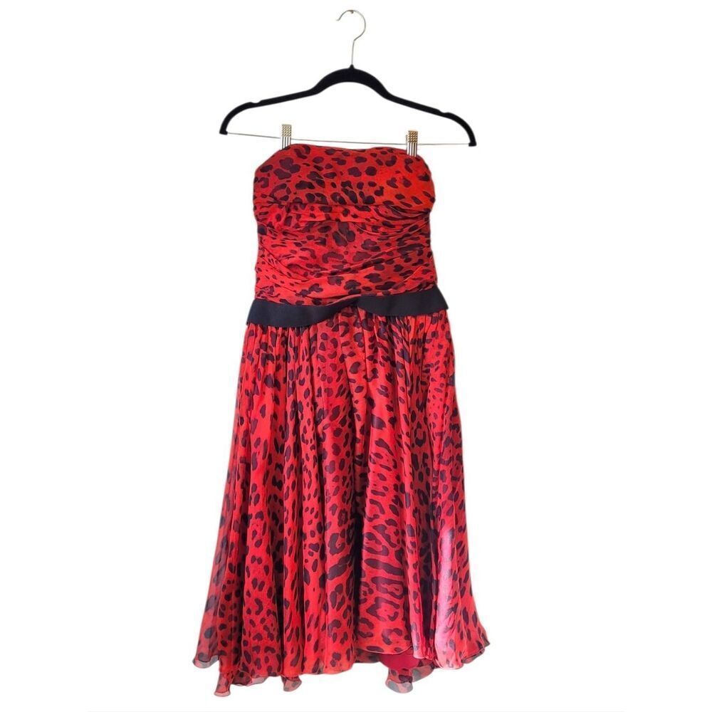 Dolce & Gabbana Red & Black Silk Leopard Print Strapless Dress Size 42
